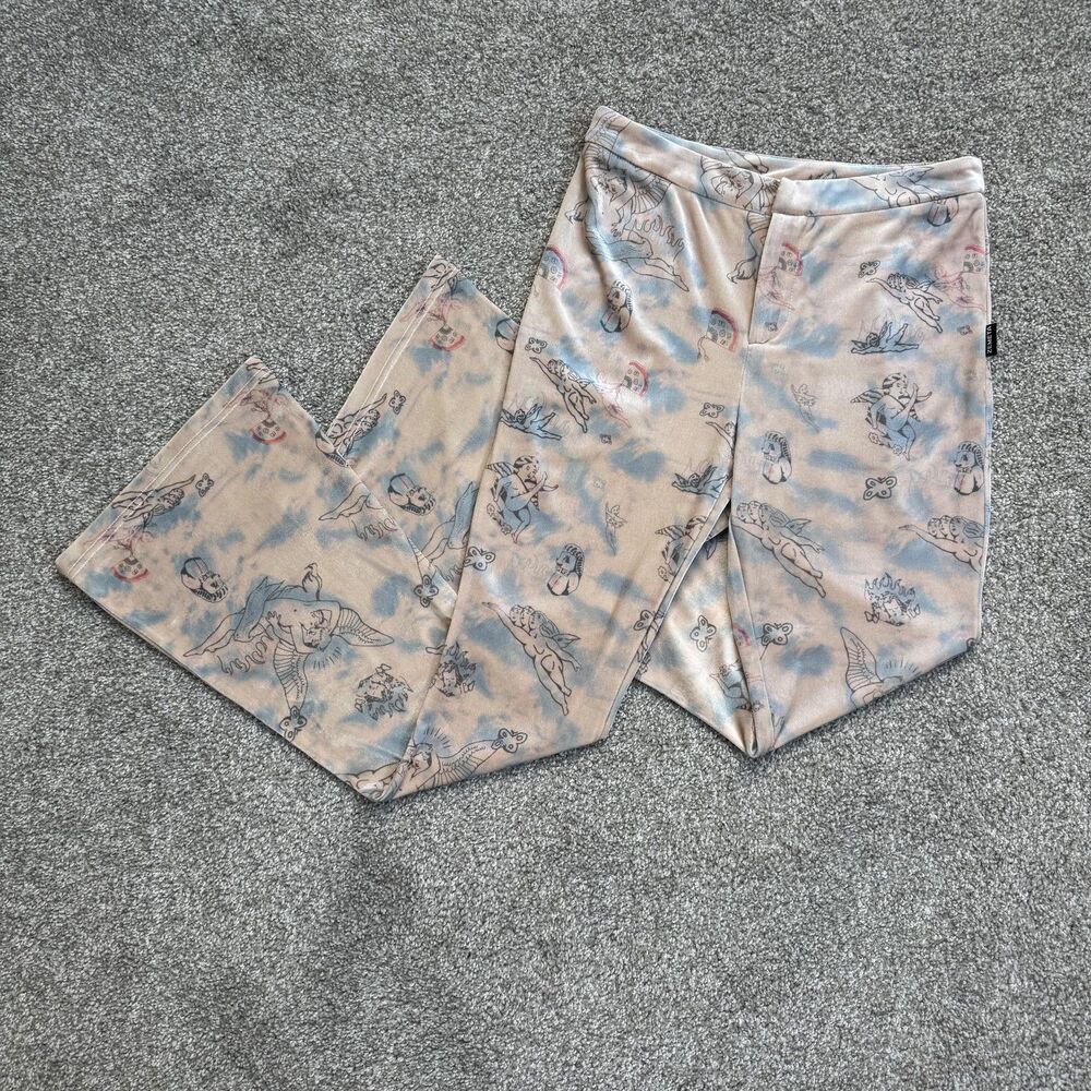 ZEMETA Pants Womens Small Beige Angel Cherub Velvet Flare Slim Y2K Boho Festival